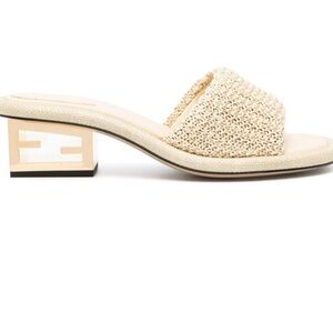 Fendi Baguette Raffia Mules with Gold Block Heel